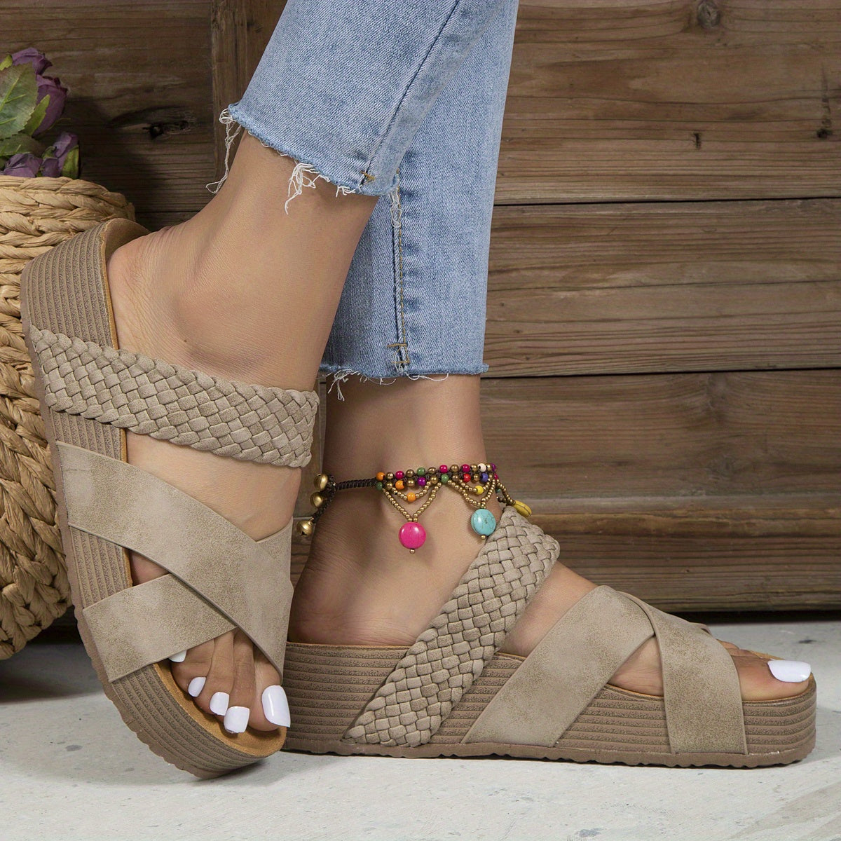 Roxys Galleries | Braided Detail Criss Cross Platform Slippers