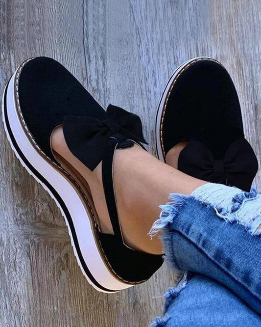 Roxys Galleries | Women's Platform Shoes with Bow - Black Mary Jane Flats with Straps & Thick Sole