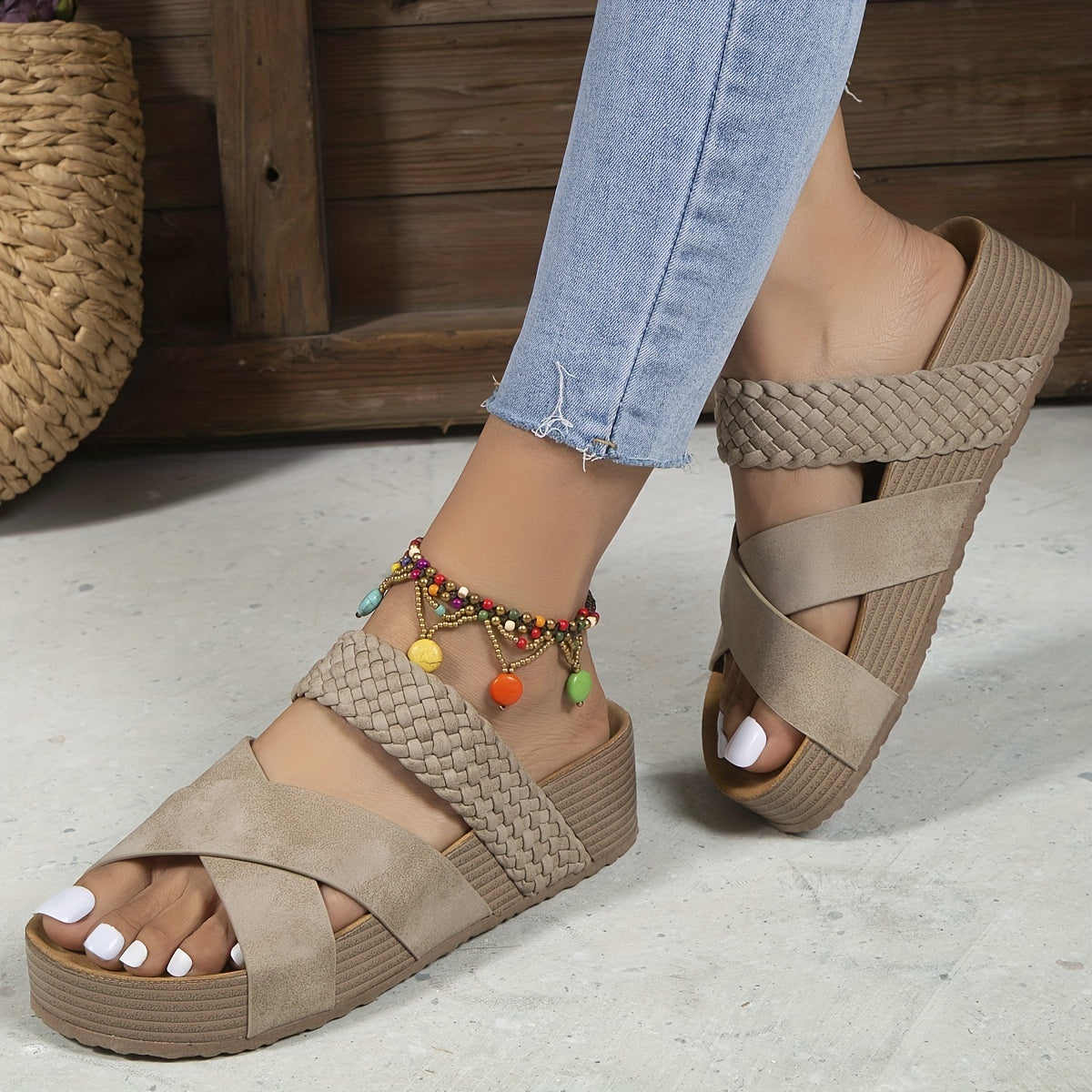 Roxys Galleries | Braided Detail Criss Cross Platform Slippers
